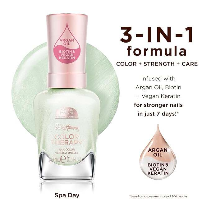 Sally Hansen Color Therapy Scented Nail Polish | Biotin, Argan Oil, Long Lasting, Healthy Nails, Nail Strengthener, Opaque | 447 Spa Day, Fresh Cucumber| Light Mint Green Nail Color