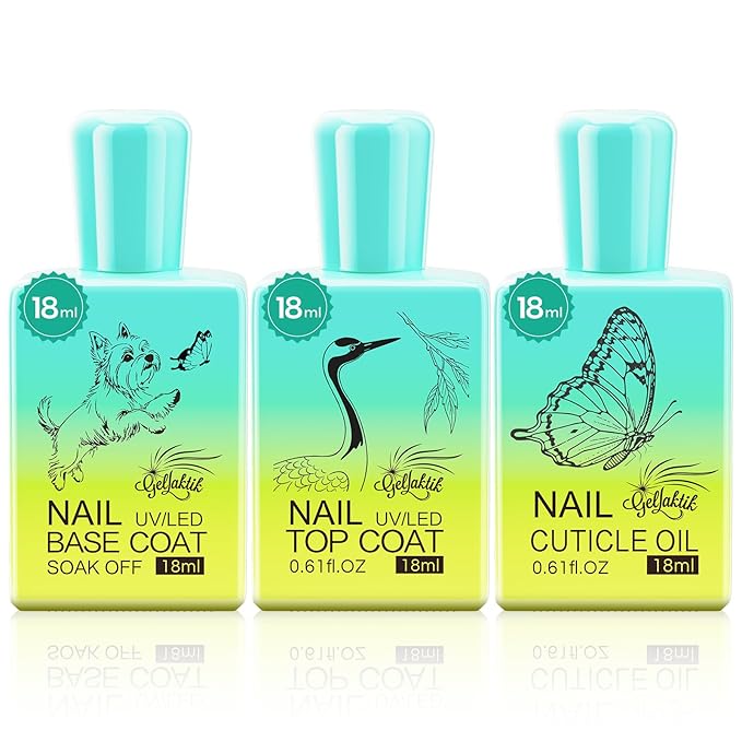 No Wipe Gel Base & Top Coat Set with Cuticle Oil, 3 x 15ml Fast UV/LED Cure, Long Lasting Glossy Manicure, Nail Care Kit for Dry Cuticles