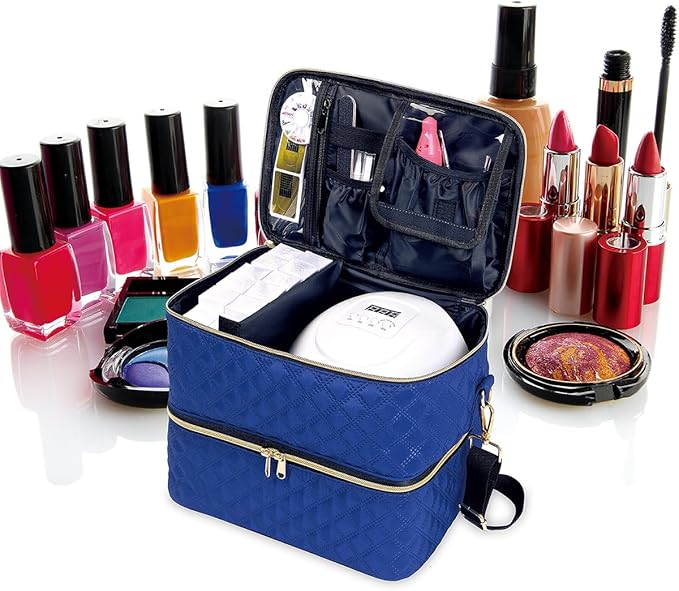 Nail Polish Organizer Case Holds 40 Bottles(15ml/0.5fl.oz) and Nail Lamp, Double Layer Nail Polish Storage with Adjustable Dividers,Portable Carrying Bag for Nail Kit, Manicure Tools Blue