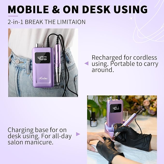 Kredioo Professional Nail Drill Brushless 40,000RPM Rechargeable 2-in-1 Portable Electric Nail File Ultra Silent Salon Must Haves Nail Tool Kit Removing Acylic Gels-Purple