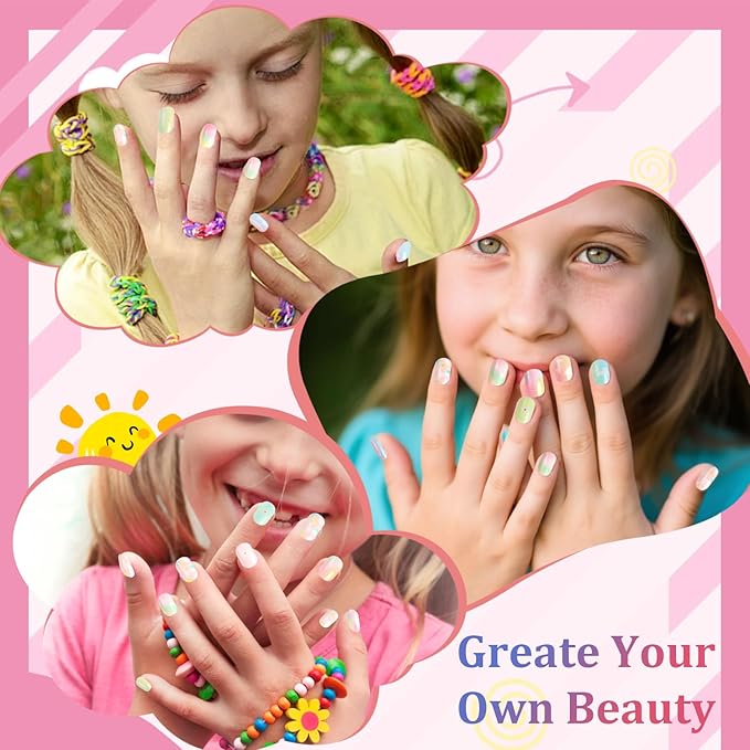 SIUSIO 120Pcs 5 Pack Press on Nails kids Children Acrylic Fake Nails Cute Pre-glue Full Cover Gradient Color Rainbow Short Stick On False Nail Art Kits Set for Kids Little Girls - Gradient Paradise