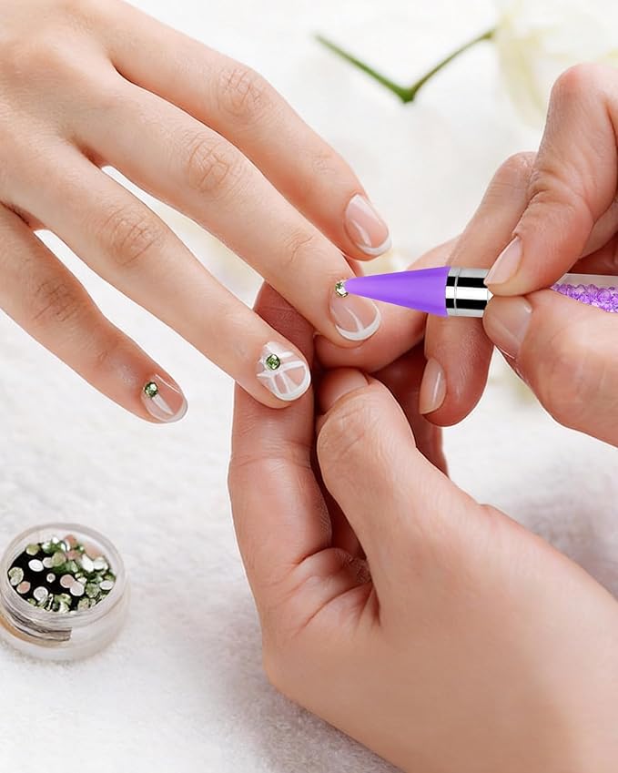 Rhinestone Picker Tool, 2 Rhinestone Tool Dual-Ended Wax Pen with 4PCS Replaceable Wax Tips and 1 Tweezers for DIY Nail Art Tool (Purple & White)