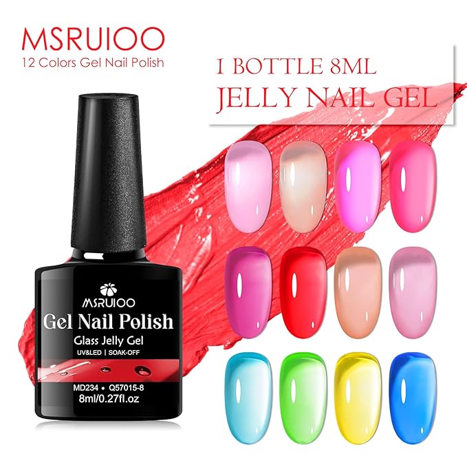 12 Colors Jelly Gel Nail Polish Set Crystal Neon Gel Polish Pastel Pink Blue Green Transparent Rainbow Manicure Kit Gift for Women Girls 8ML