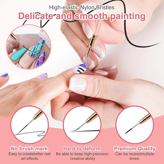 Nail Art Liner Brushes, 5Pcs Liner Brush For Nails, Painting Nail Art Brush Set Dotting Drawing Tool for Long Lines, Thin Details, UV Gel Polish Painting, Fine Drawing 7/9/11/15/25mm(Pink)