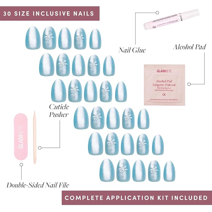 Glamnetic Press On Nails - Subzero | Opaque Pale Icy Blue Snowflake Graphic Short Oval Fake Nails in a Velvet Finish, Salon Quality | 15 Sizes - 30 Nail Kit