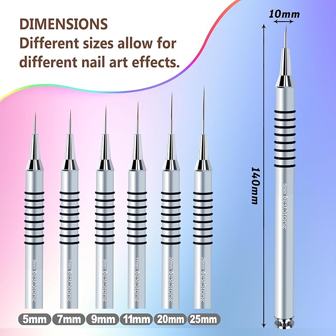 Metallic Nail Art Liner Brushes, 6Pcs Professional Gel Polish Painting Art Design Pen Set for Long Lines, Thin Details, Fine Drawing Sizes 5/7/9/11/20/25mm Nail Art Design Gift for Women(silver)