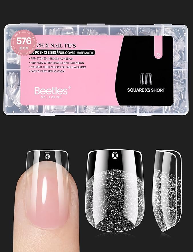 Beetles Short Square Nail Tips: 576PCS 12 Sizes XS Short Square Half Matte Clear False Acrylic Press on Nails Tips Pre-shape Full Cover Nail Tips Nail Extension DIY