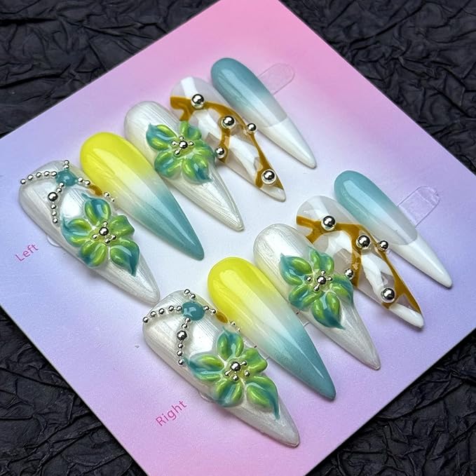 100% 5D Handmade Press on Nails Ombre Green Long Stiletto Fake Nails with Flower Design Rhinestone Glue on Nails Reusable Blue Gradient Handmade Nails for Women Girls Manicure 10pcs Size L
