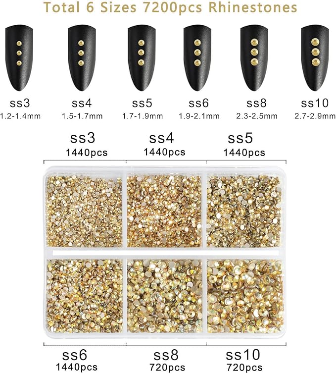 Beadsland 7200pcs Flatback Rhinestones,Gold Rhinestone Nail Gems Round Crystal Rhinestones for Crafts,Mixed 6 Sizes with Wax Pencil Kit, SS3-SS10,Metal Sunlight