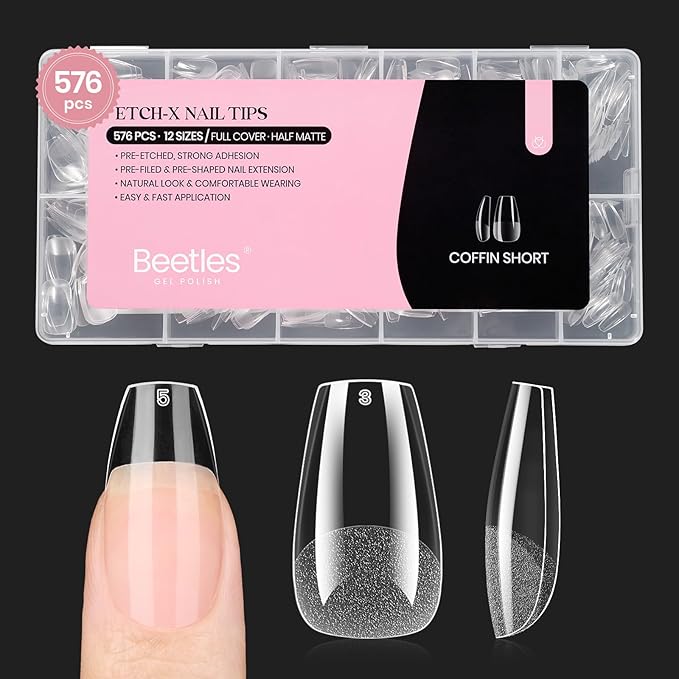 Beetles Short Coffin Nail Tips 576 PCS Half Matte Pre-shape Short Coffin Fake Nails 12 Sizes Full Cover Acrylic False Nails Nail Extension DIY Manicure Gifts for Women