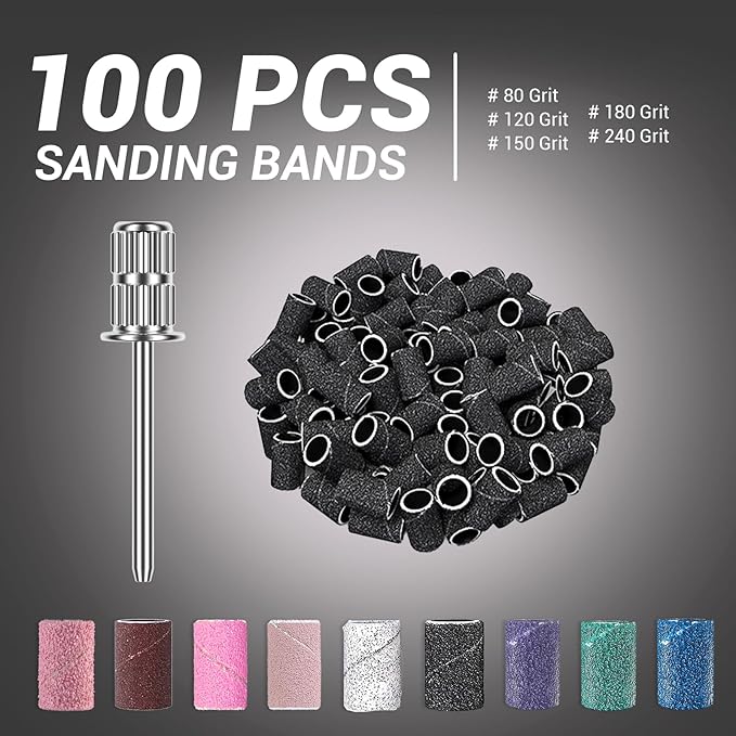 MelodySusie 100 Pcs Nail Drill Bits Sanding Bands for Nail Drill 120 Medium Grit Nail File Sanding Bands for Acrylic Nails Gel Manicures and Pedicure