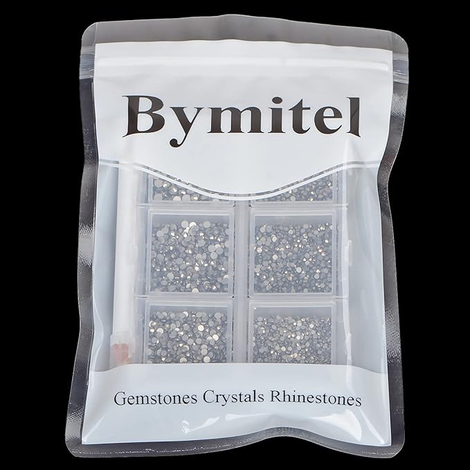 Bymitel 7200 Pieces 6 Mixed Sizes Glue Fix on Glass Rhinestones Round Crystal Gems Flatback for DIY Jewelry Making with one Picking Pen(6-Sizes 7200PCS, Jet Hematite)