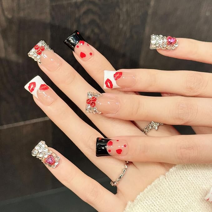 10 Pcs Valentine Duck Shaped Handmade Press on Nails Medium Fake Nails Lips Kiss Heart-Shaped Diamond Cute Romantic Valentine Full Cover Glue on Nails for Women