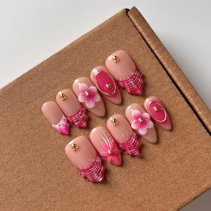 10Pcs Press On Nails Handmade Almond Shaped Fashionable Nail Art for Women, 3D French Floral Fake Nails, Reusable Artificial False Nails Pink Acrylic Nails Kit (Size S)