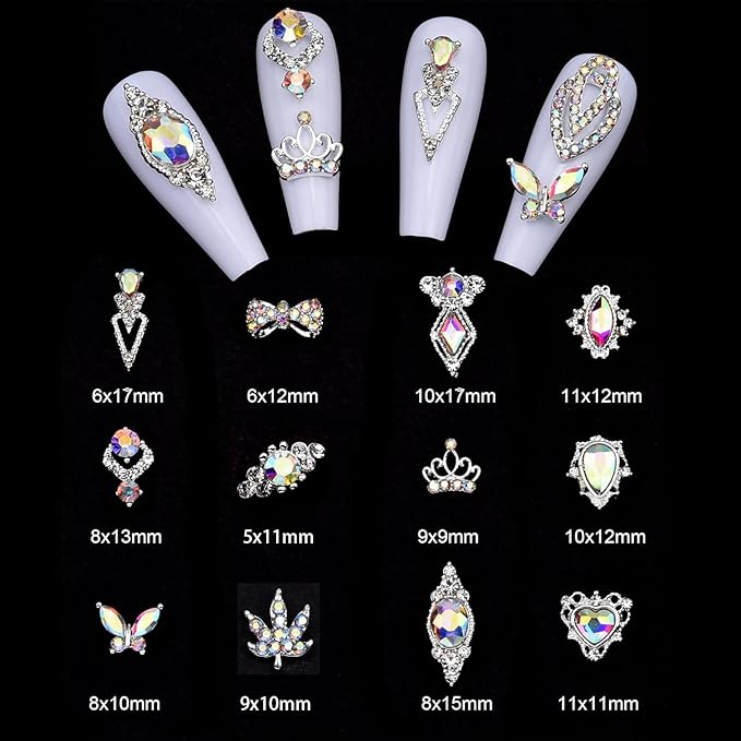 120pcs Nail Art Rhinestones Kit - 12 Styles Gradient AB Silver Glitter Nail Charm Gems for DIY Manicure, Jewelry Making, Craft Decor, Y2K Women Girl Nail Beginners Designers, Acrylic Nail Supplies