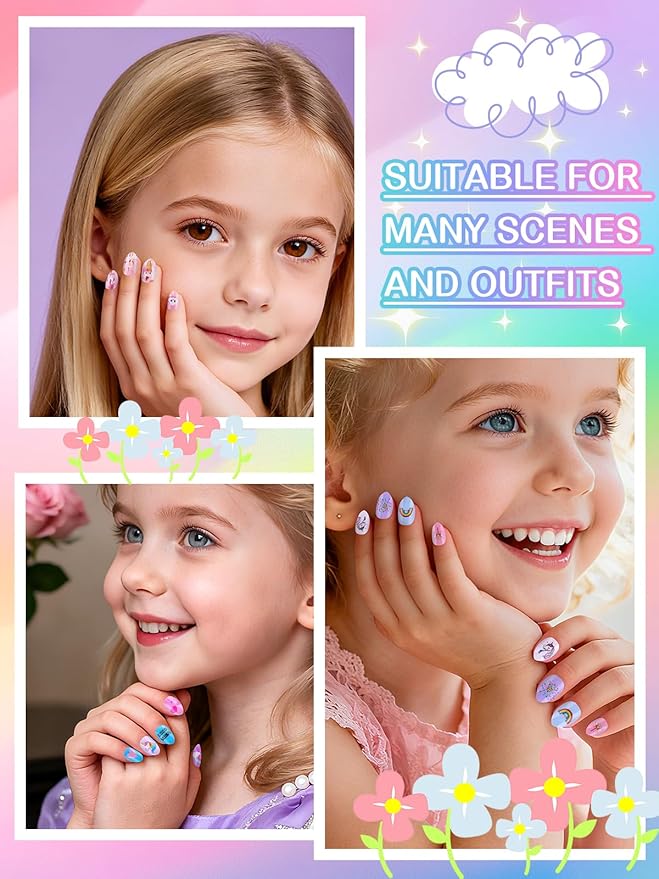 EBANKU 72Pcs Press on Nail Kid, Ice Cream Cute Pattern Fake Nails for Kids Colorful Press on Nail Short Artificial False Nail Kits for Nail DIY