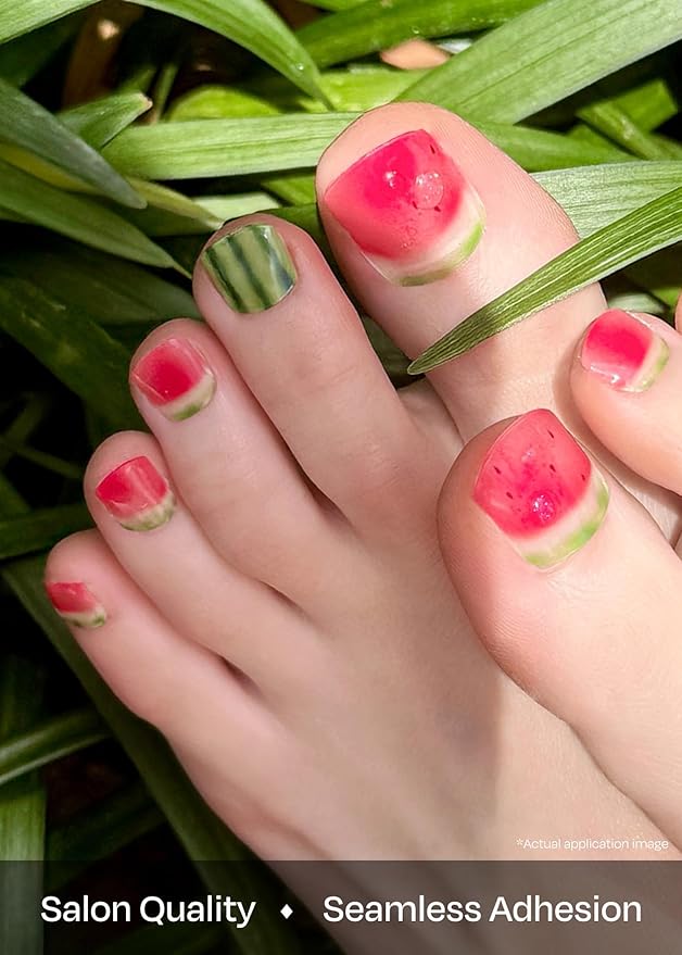 ohora Semi Cured Gel Pedi Strips (P Watermelon Slice) - Works with Any Nail Lamps, Salon-Quality, Long Lasting, Easy to Apply & Remove - Includes 2 Prep Pads, Nail File & Wooden Stick