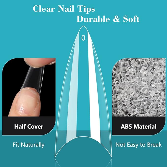 Lionvison 500PCS Clear Stiletto Nail Tips, Medium Wide Acrylic Nail Tip for Dip Powder, Half Cover False Nail Tip, French Tips Nail Extensions for Nail Salon, 10 Sizes Fake Nail Tips