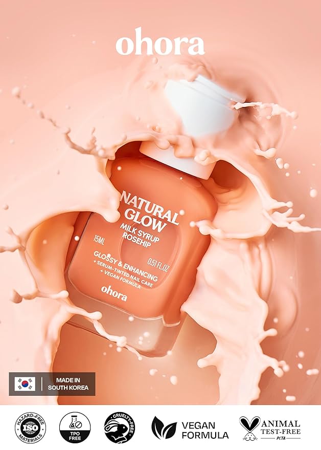 ohora Natural Glow Milk Syrup Nail Strengthener (Rosehip) - Tinted Nail Hardener for Brittle, Damaged Nails, Quick-Dry Glossy Finish, Nail Repair & Growth, 15 mL