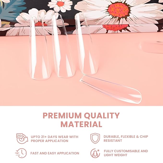 Allkem Soft Gel Nail Tips - XXL Ballerina Nail Extensions with Refill Bag - 12 Sizes Extra Extra Long Full Cover Nails - Clear (504 Pieces)