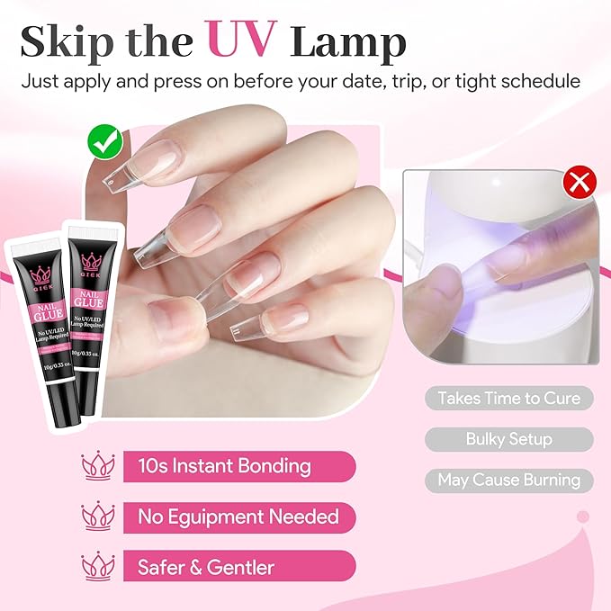 Strong Nail Glue for Press Ons 2Pcs*10g/0.35oz. Semi Solid Gel Adhesive No UV Lamp Needed 10s Quick Dry Acrylic Glue for Fake Nails Extensions Long Lasting Waterproof Bond for Manicure Home DIY