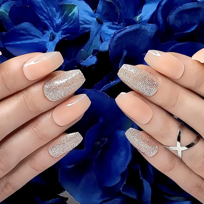 Hypnaughty 24 Pcs Nude Ballerina Press On Nails with Glue Medium Short Length Fake Nails with Glitter Design Glossy Acrylic Press On Nails Full Cover (Nude)