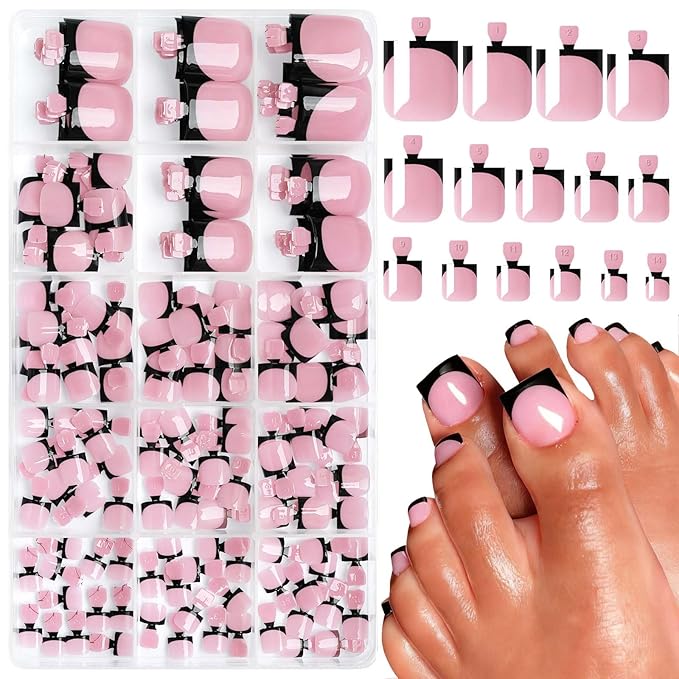 150pc French Tips Press on Toenails Women Toe Nail Press ons, Black French Tip Toe Press on Nails Fake Toenails Square Fake Toes Nail Tips Glue on Toenail Stick Acrylic Toes Nails Kit with Glue Tab
