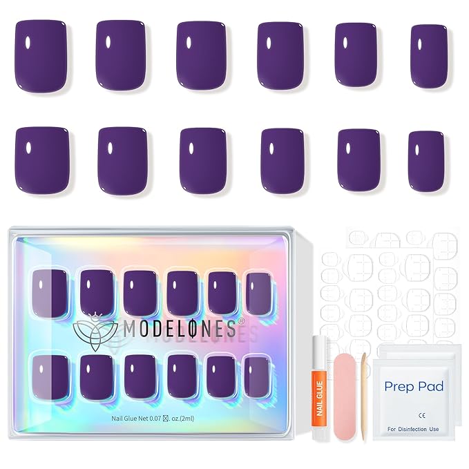 Modelones Midnight Purple Press on Nails, Short Square Fake Nails, Reusable Nail Kit with Nail Glue Adhesive Tabs Mini Nail File, Nails Press Ons 32Pcs16 Sizes, Women Girl Gift
