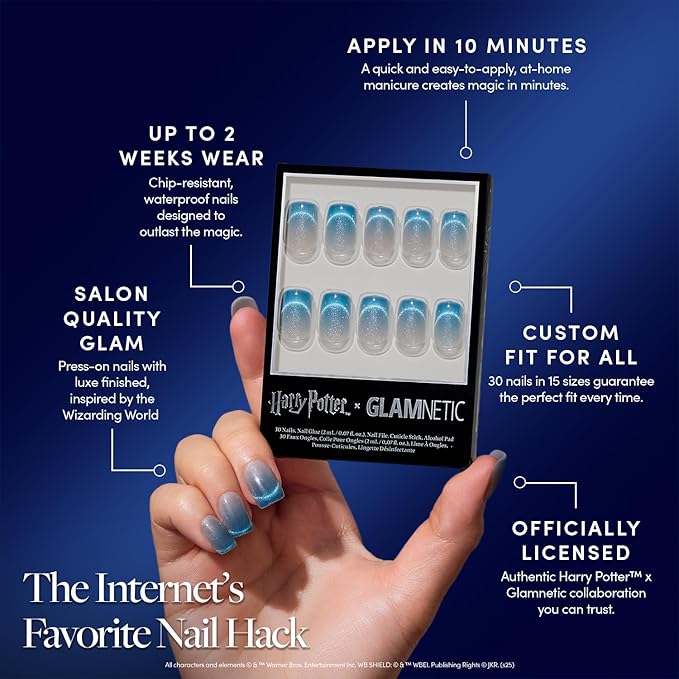 Glamnetic Press On Nails x Harry Potter™ - Lumos | Short Squoval Fake Nails with Velvet Blue Magnetic Gradient Tips, Salon Quality Officially Licensed | 15 Sizes - 30 Nail Kit with Glue