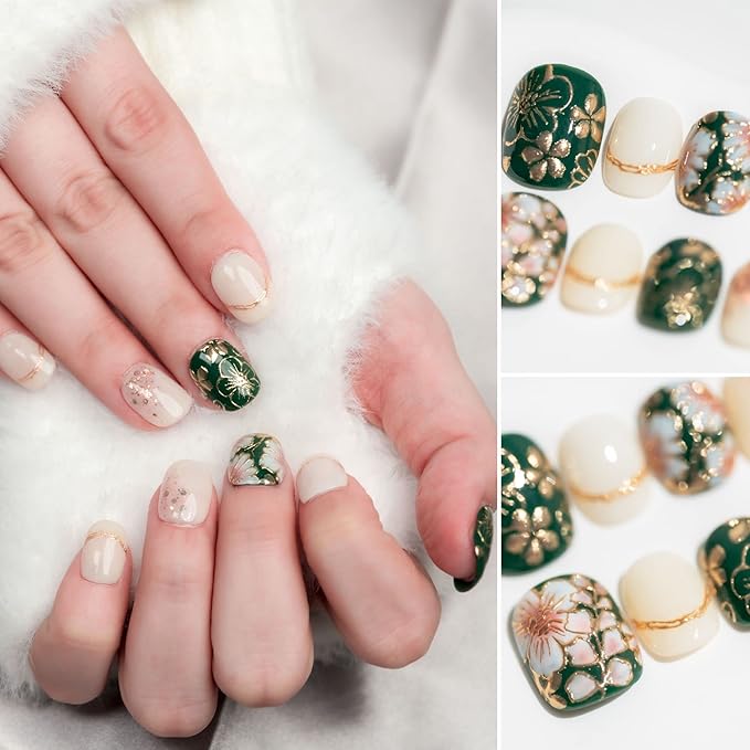 Sun&Beam Nails Handmade Short Round Green Gold White False Nail Tips with Cute 3D Flower Popular Charm Design Press On Nails 10 Pcs (#76 S)