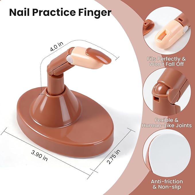 Practice Fingers Kit, 3PCS Nail Practice Hand Finger for Acrylic Nails, 22PCS Nail Art Tools, with 200PCS Nail Tips and Base Stand, Practice Hand for Acrylic Nails Home Salon DIY Beginner (Brown)