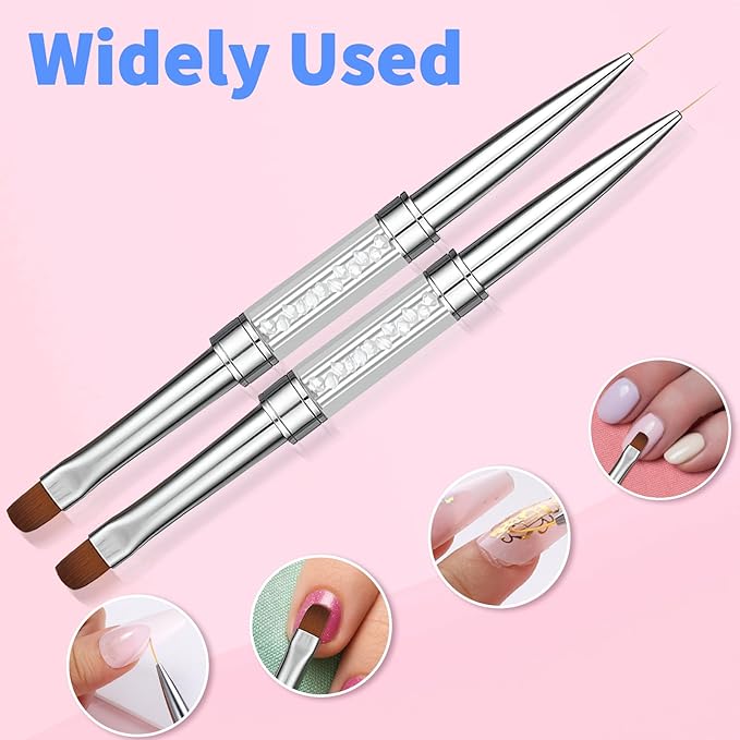 Double Ended Nail Builder Gel Brush, 2 Pcs French Tip Liner Brush White Nail Design Brushe With Rhinestone Handle Naile Drawing Brushes Nails Liner Brushes for Design UV Hard Gel Nails