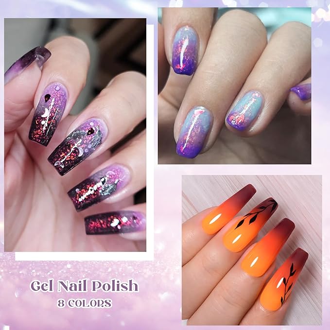 MEET ACROSS 8Pcs Color Changing Gel Nail Polish Set Nude Brown Amber Temperature Mood Changed Glitter Nail Polish Gel Polish DIY Salon Gift for Women