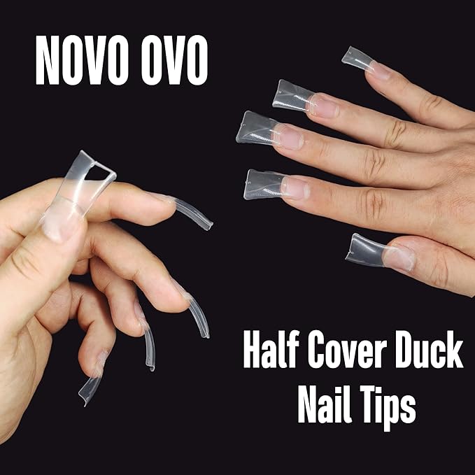 NOVO OVO 550 pcs Transparent Clear Crystal Duck Feet Style Flare Nail Tips Y2K Vibe Half Cover C Curve Wide French False Nail Extension Tips Acrylic Nail 11 Sizes Bag Packaging for Art Salon