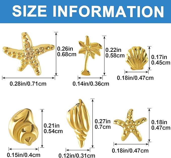2 Disc Ocean Nail Art Charms, 3D Metal Nails Stickers, Beach Starfish Seashell Decals Manicure DIY Embellishments for Women- Gold