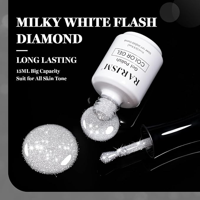 RARJSM Milky White Reflective Glitter Gel Nail Polish Sheer Flash Diamond Jelly White Sparkle Silver Shimmer Gel Polish Soak off Curing Requires 15ml Single Bottle for Home Salon