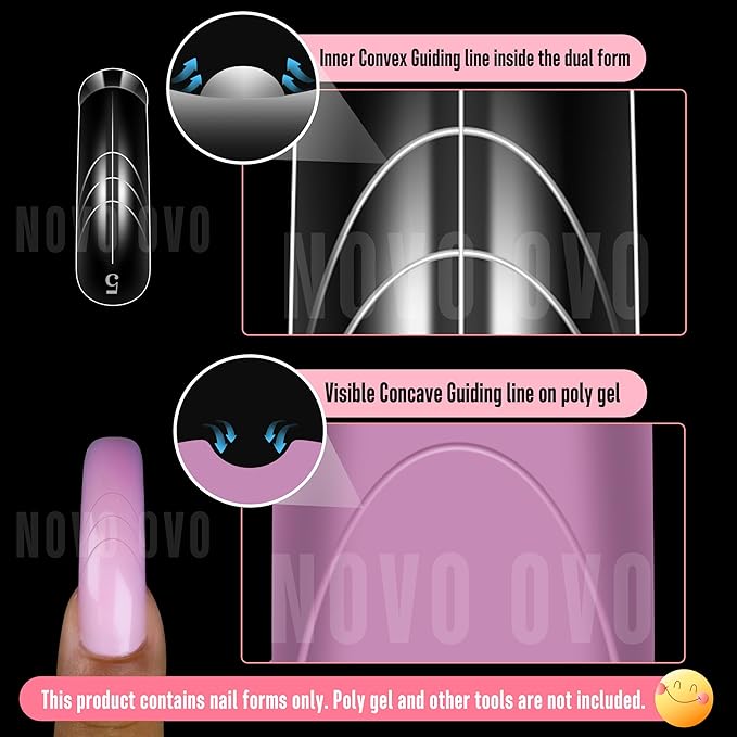 NOVO OVO Helloween Curved Square Nail Dual Forms for Poly Gel Extension with Guiding Line Inside, M L XL Reusable Full Cover Acrylic/Builder/Hard Gel Polygel Molds for Salon DIY x 15 sizes 150 Pcs