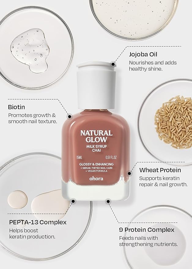 ohora Natural Glow Milk Syrup Nail Strengthener (Chai) - Tinted Nail Hardener for Brittle, Damaged Nails, Quick-Dry Glossy Finish, Nail Repair & Growth, 15 mL