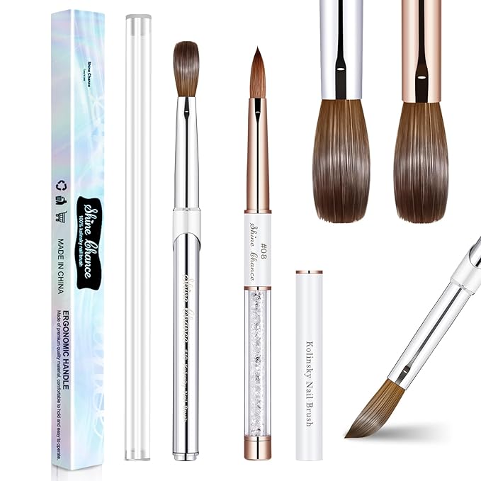 2Pcs Acrylic Nail Art Brushes Size 8 10, 100% Pure Kolinsky Hair Oval Nail Brush for Acrylic Application, Professional Nail Extension Manicure Tool Striping Nail Drawing Pen for Home