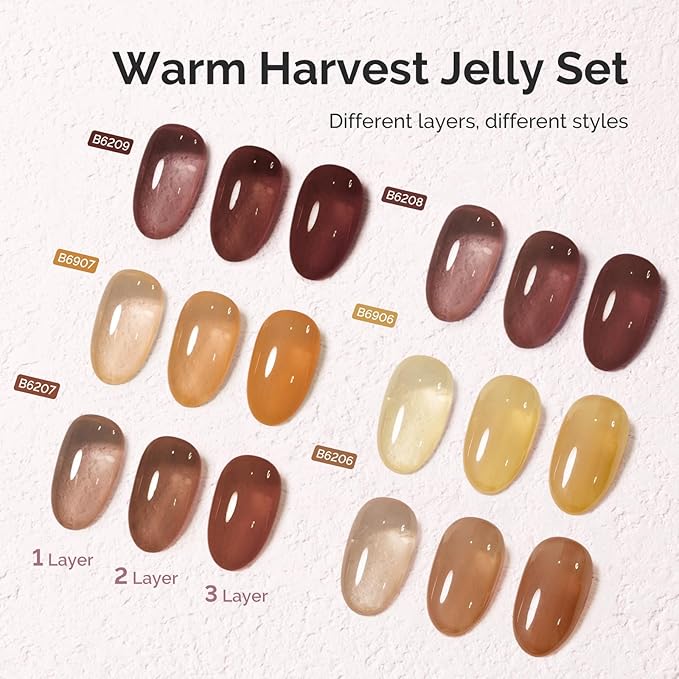 MelodySusie Jelly Gel Nail Polish Set,6 Transparent Colors,Milky or Jelly Texture,Warm Harvest Colors Soak Off UV LED Light Cure or Salon Manicure and Nail Art DIY at Home 15ML 0.3Fl Oz