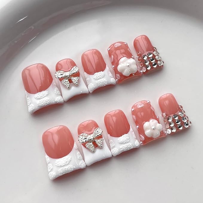 White French Tip Press on Nails Handmade Short Duck 3D Thick Acrylic Nails Elegant False Nails with Flower Bow Rhinestones Designs Wedding Glossy Fake Nail Sturdy Art Press on Nail 10Pcs(S)
