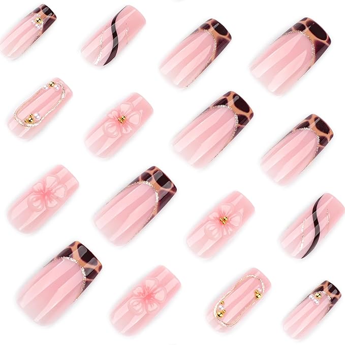 Press on Nails Square - Medium Fake Nails with Flower Design - Leopard Print French Tip False Nails - for Women 24 Pcs