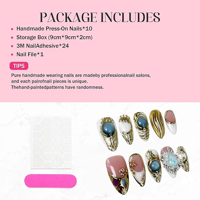 Handmade Almond Fake Nails White French Tip Press on Nails Short Gold Embossed False Nails with 3D Swirl and Charms Designs Short Acrylic Nails with Glue for Wome (Size M)