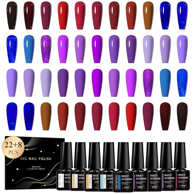 MEET ACROSS 30Pcs Gel Nail Polish Set 22 Colors Gel Polish Kit Nude Burgundy Red Blue Purple Gel Polish for All Seasons Soak Off UV/LED Manicure Gift for Women Girls