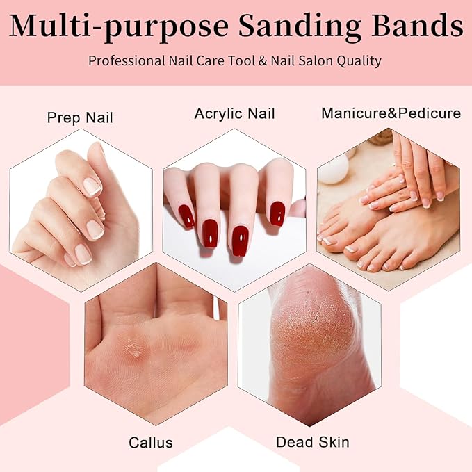 Small Sanding Bands for Nail Drill, 100pcs Mini Bands 150 Fine Grit Nail File Sanding Bands with Upgrade 2pcs 3/32'' Mandrels Bits, for Acrylic Nail Gel Removal, Plastic Polishing Manicure, Pink