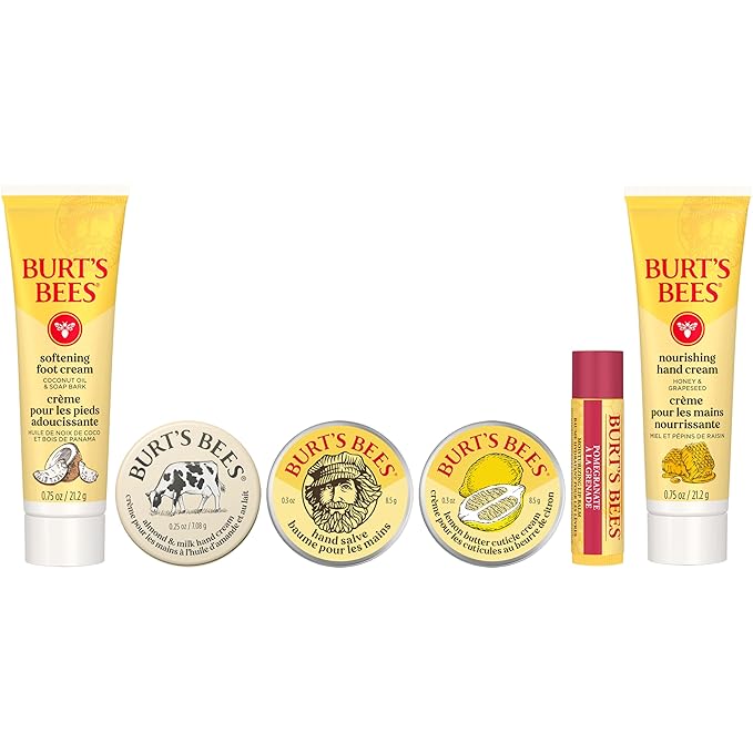 Burt's Bees Valentine's Day Gifts Ideas, Tips and Toes Kit, 6 Travel Size Products - Pomegranate Moisturizing Lip Balm, 2 Hand Creams, Foot Cream, Cuticle Cream, and Hand Salve