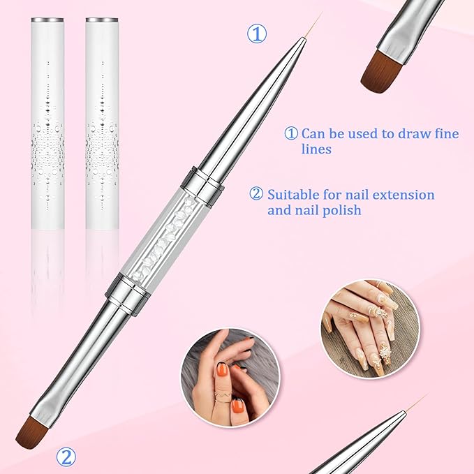 Double Ended Nail Builder Gel Brush, 2 Pcs French Tip Liner Brush White Nail Design Brushe With Rhinestone Handle Naile Drawing Brushes Nails Liner Brushes for Design UV Hard Gel Nails
