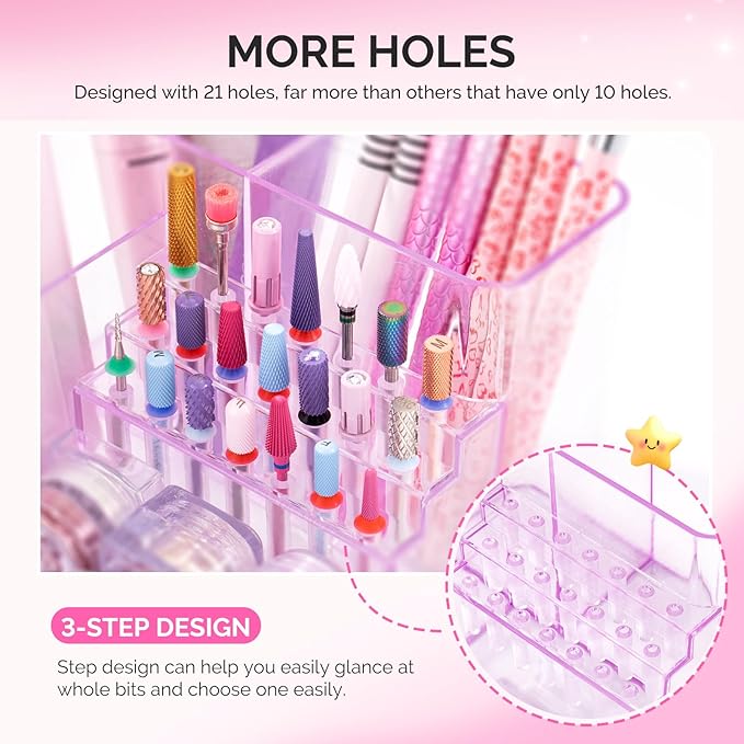 MelodySusie Nail Drill Holder, 21 Holes Nail Drill Bits Holder, Professional Acrylic Nail Tools Storage Box, Organizer Displayer for Manicure Efile Accessories Nail Drill Kit, Salon Home, Purple