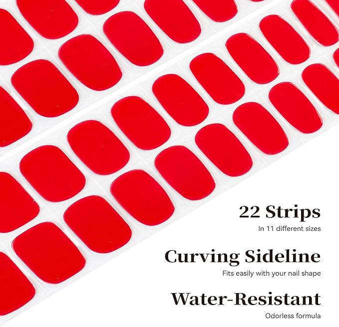 Semi Cured Gel Nail Strips Red Solid Gel Nail Stickers with UV/LED Required Long Lasting Gel Nail Stickers Includes 22 Strips 2 Prep Pads, Nail File & Wooden Stick