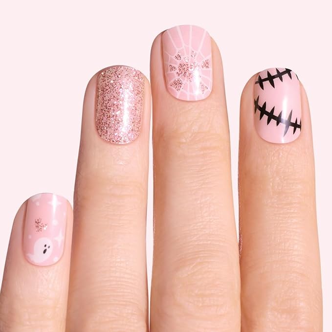 Dashing Diva Gloss Nail Strips - Kinda Cute, Kinda Scary - UV Free, Chip Resistant, Long Lasting Gel Stickers - 3-Piece Glow-in-The-Dark Manicure Set - Contains 32 Wraps, 1 Prep Pad, 1 File